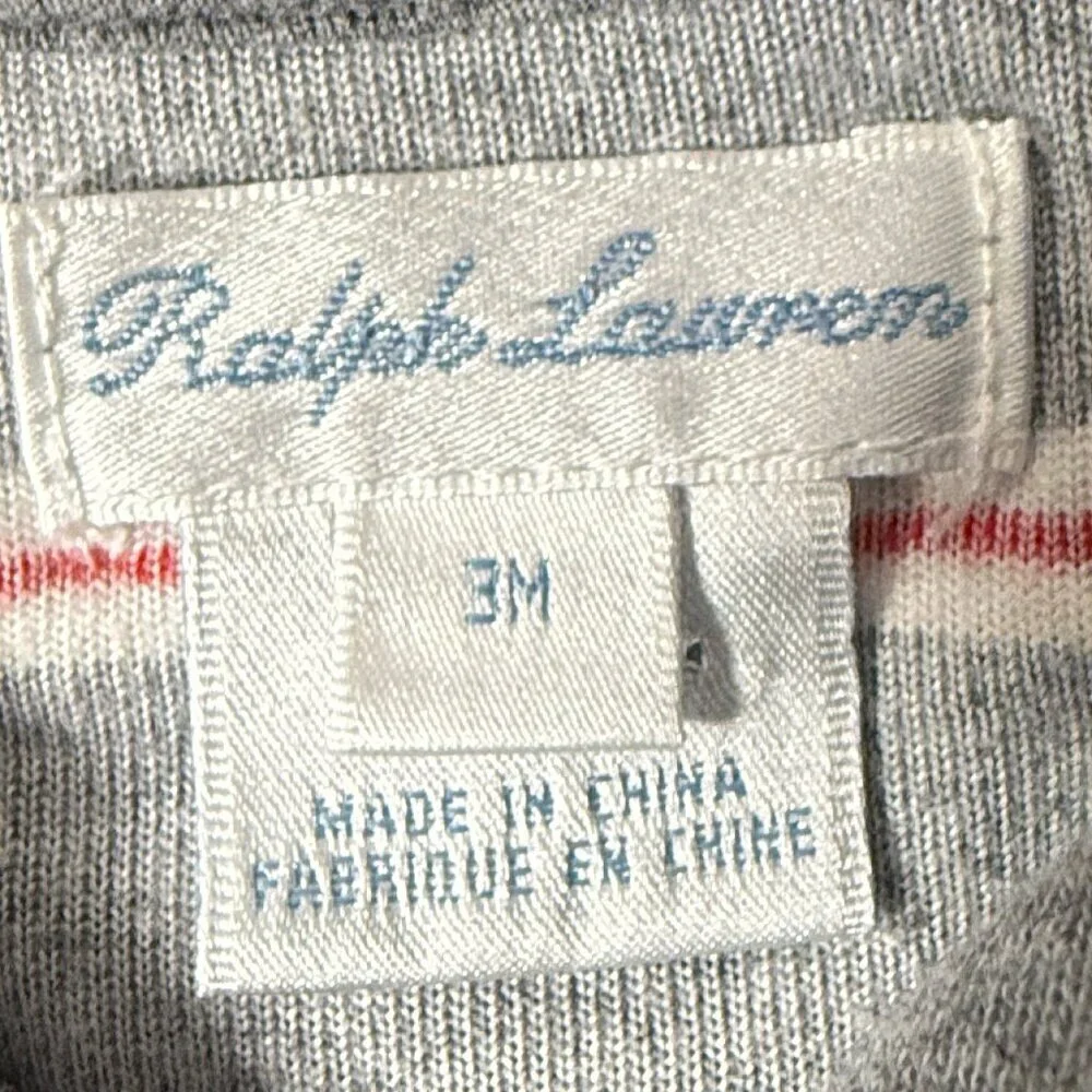 Ralph Lauren Infant Velour Sleeper Gray with White & Red Stripes 3 Months